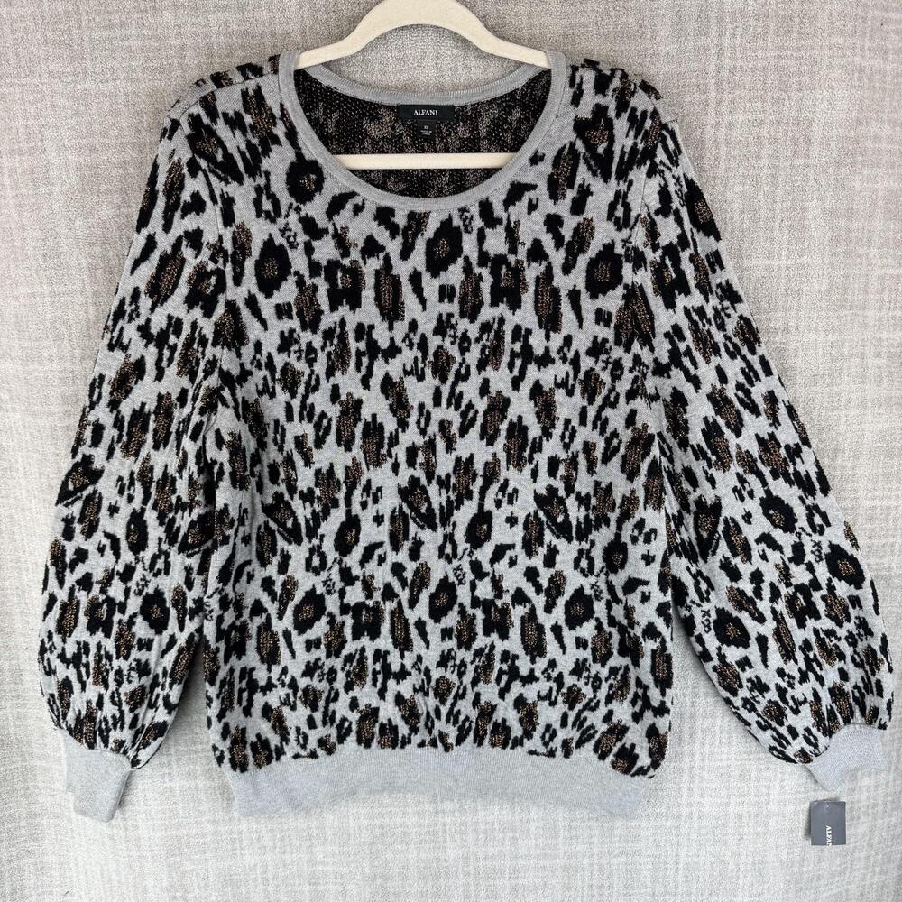 Alfani Sweater Womens XL Gray Animal Print Pullover Balloon Sleeve Glitter